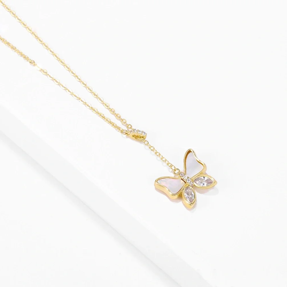 Butterfly Y Necklace | Mother of Pearl & CZ Stone 14k Gold Plated